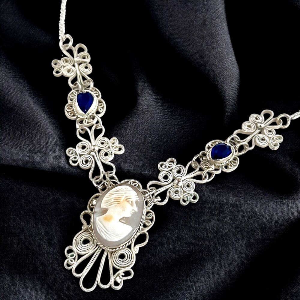 Vintage 1950s Italian Shell Cameo Necklace Victorian Revival Filigree - 9H5